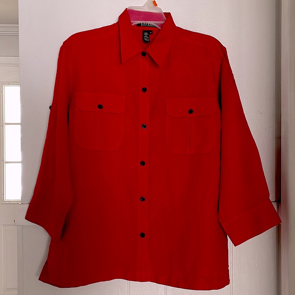 Lauren Ralph Lauren red linen button down shirt - Picture 2 of 8